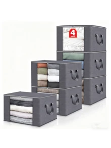 Juego de 4 Bolsas  Gris de Almacenamiento Grandes de 90L ,Organizadores Plegables para Ropa, Mantas y Edredones,Cajas de Tela Gruesa con Asas Reforzadas,Contenedores de Armario Transpirables y Resistentes,Ideal para Dormitorio, Hogar o Mudanza - Gris - Ver 11
