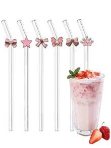 Pink Bowknot Glass Straw, Transparent Smoothie Milk Tea Juice Milkshake Cocktail Cold Drink Party Pink Bowknot Series Bent Glass Straw Reusable - Pink Bow - View 7