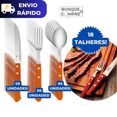 Jogo de Talheres 18 Peças de Metal com Cabo de Madeira Reforçado Cozinha Louça Talher Almoço Jantar