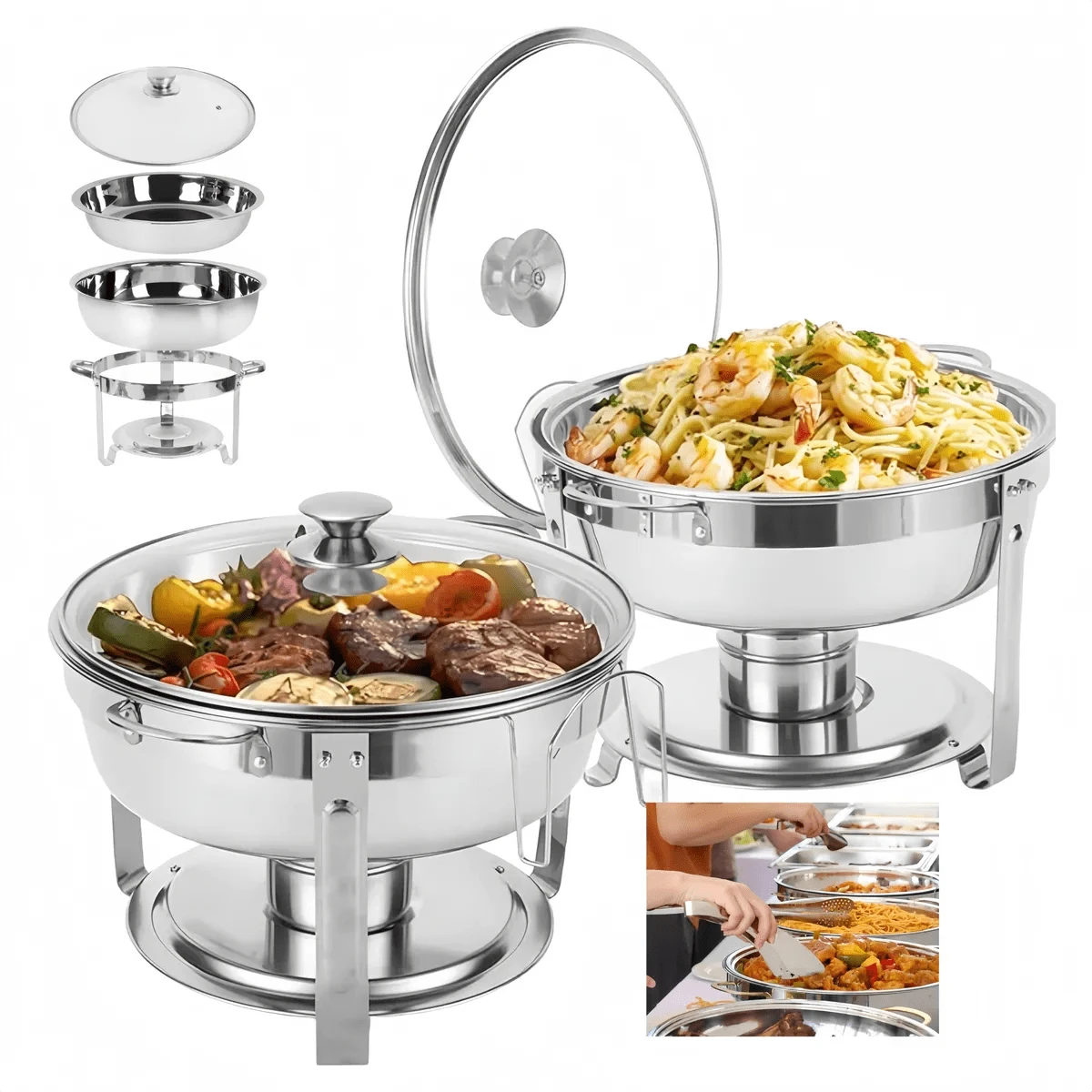 Juego de 2 platos redondos de galón con marcos plegables y soportes para tapa, calentadores de alimentos de acero inoxidable de grado alimenticio para fiestas, bufés, banquetes - Plateado - Ver 1