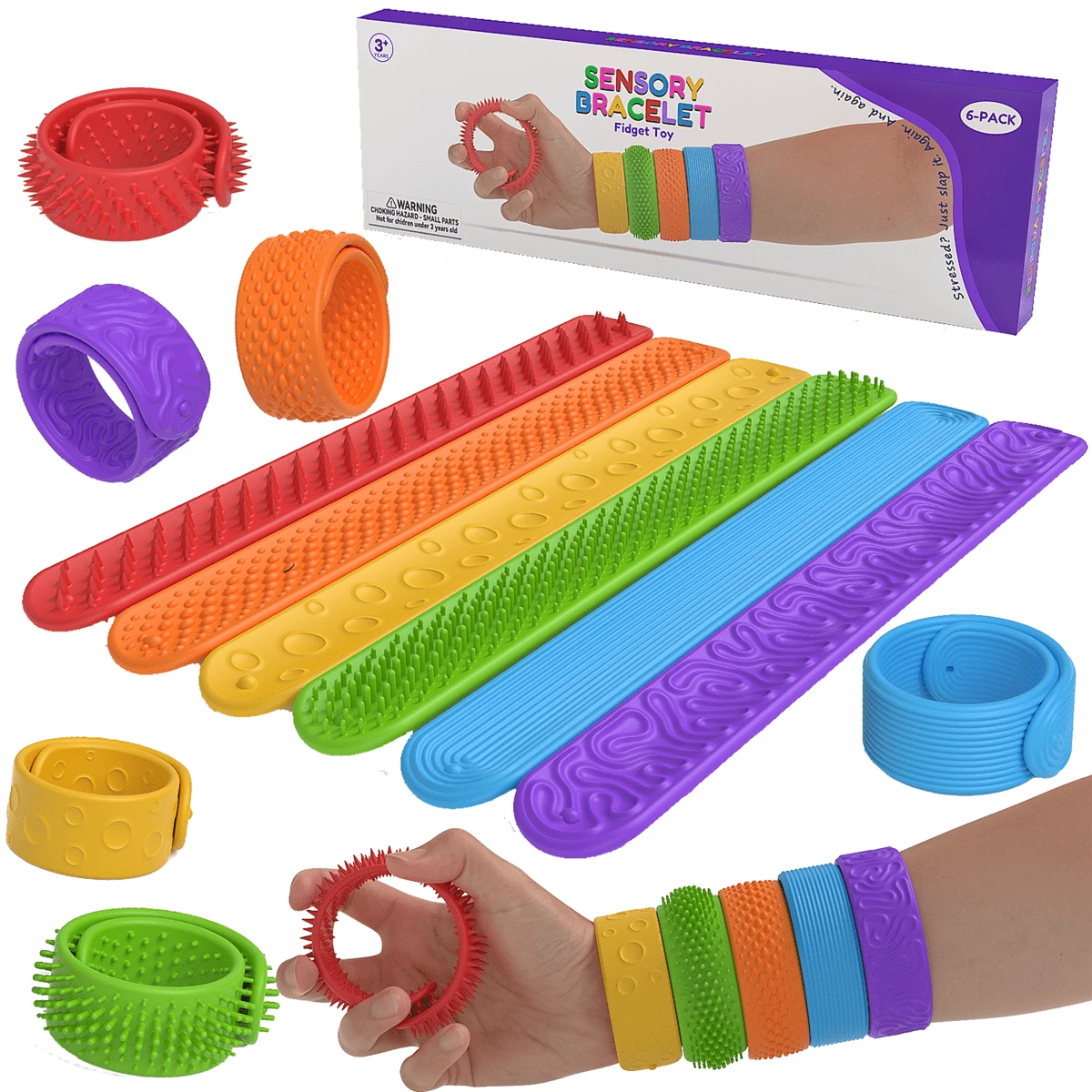 Conjunto de 6 Pulseiras Anti-Stress de Silicone Texturizadas para Crianças, Adolescentes e Adultos - Lembrancinhas de Festa, Recompensas Escolares, Presentes e Decoração, Acessórios Divertidos, Material Durável, Estimulação Sensorial, Ideal para Trabalhadores de Escritório - Multicolorido - Ver 1