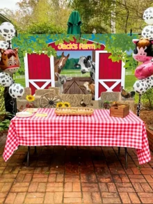 1pc Customizable 2D Flat Background Board, Rustic Farmhouse Style, Includes Red Barn, Farm Animals And Spring Meadow Scene - Made Of Polyester, Countryside Wall Decor, Features Cow, Horse, Sheep, Chicken, Duck, Turkey, Hay Bales And Sunflowers - Vibrant Colors, Suitable For Birthday Party Decor, Photography Backdrop, Easter And Seasonal Events - Easy Installation, No Electricity Required - Multicolor 2 - View 2