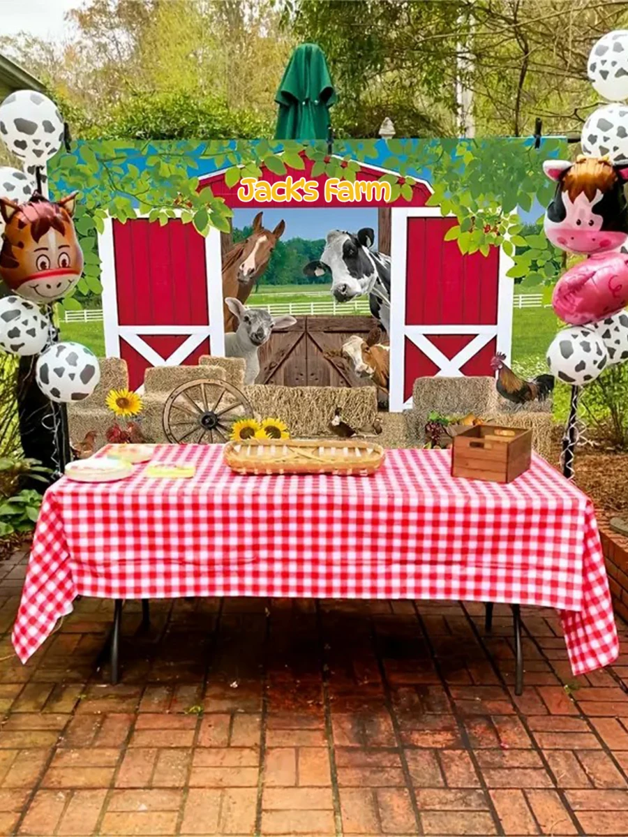 1pc Customizable 2D Flat Background Board, Rustic Farmhouse Style, Includes Red Barn, Farm Animals And Spring Meadow Scene - Made Of Polyester, Countryside Wall Decor, Features Cow, Horse, Sheep, Chicken, Duck, Turkey, Hay Bales And Sunflowers - Vibrant Colors, Suitable For Birthday Party Decor, Photography Backdrop, Easter And Seasonal Events - Easy Installation, No Electricity Required