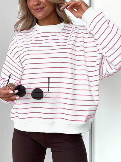 Women's Casual Black & White Striped Long Sleeve Sweatshirt, Comfortable & Minimalist Style, Autumn