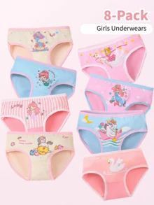 8 piezas de bragas para niñas pequeñas con diseño de sirena, de tela elástica suave y cómoda, para niñas de 4 a 7 años - Multicolor - Ver 1