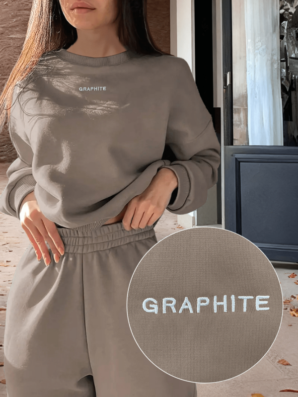 Conjunto de sudadera y pantalones de felpa para mujer con patrón bordado, de poliéster lavable a máquina, pantalones gruesos y cálidos con bolsillos, para uso casual, deportivo y al aire libre en otoño e invierno, para el trayecto diario, senderismo y acampada