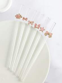 Pink Bowknot Glass Straw, Transparent Smoothie Milk Tea Juice Milkshake Cocktail Cold Drink Party Pink Bowknot Series Bent Glass Straw Reusable - Pink Bow - View 4