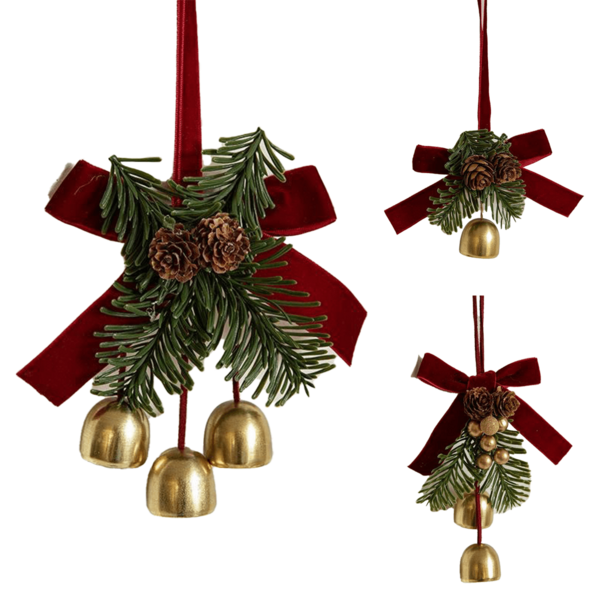 1 Peça Laço Vermelho de Natal com Sino e Cone, Laço de Veludo de Árvore de Natal com Sino, Decoração Pendente com Cone de Pinho e Sino de Vaca para Coroa de Porta
