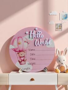 1pc "Hello World" Birth Announcement Board, Baby Photo Prop Wooden Plaque, Baby Milestone Wooden Plaque, Baby Christening Gift (Boy/Girl) - Pink - View 8