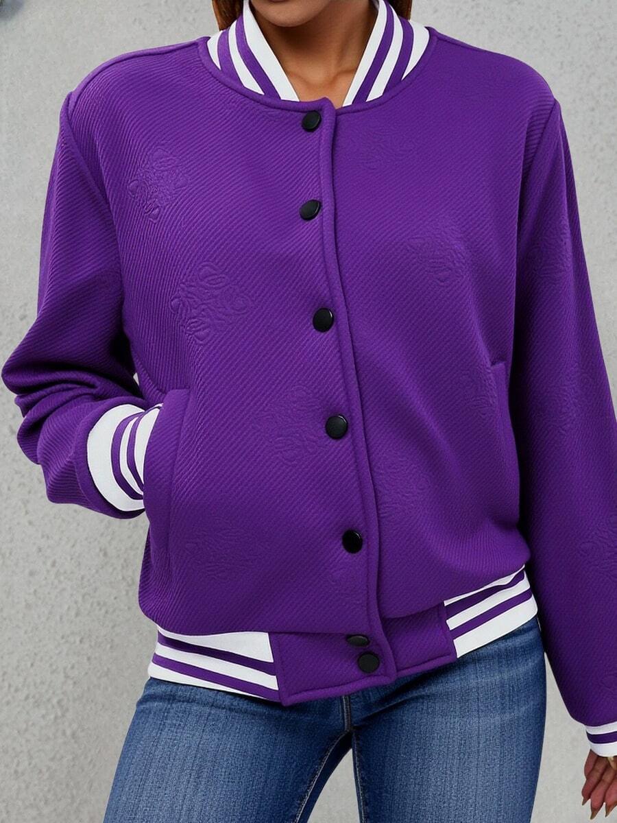 "Women's Vintage Style Baseball Jacket - Classic Color Block Ribbed Details, Multi-Color Options, Textured Pattern, Loose Fit Comfort, Versatile & Durable, Ideal for Everyday Casual and Sporty Outfits" - morado oscuro - Ver 1