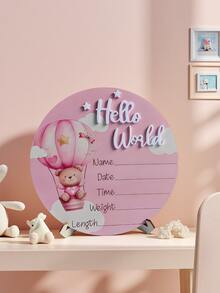 1pc "Hello World" Birth Announcement Board, Baby Photo Prop Wooden Plaque, Baby Milestone Wooden Plaque, Baby Christening Gift (Boy/Girl) - Pink - View 3