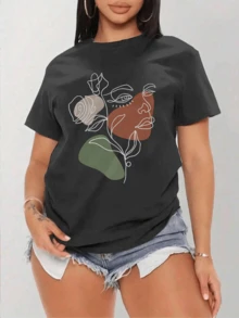 WHATAFIT Playeras Negro Para Mujer Moda Cuello Redondo Manga Corta Estampado De Flores Días Camiseta - Negro - Ver 9