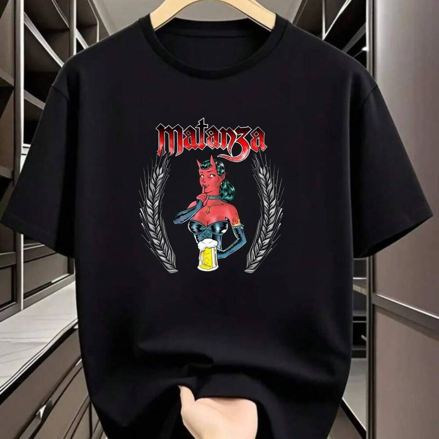 Unisex T-Shirt 100% Cotton Short Sleeve Matanza Demônio Chopp Silêncio Rock Band Print Casual Streetwear Daily Style Shirt - 黑色 - 查看 1