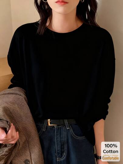 Women's Cotton Long Sleeve T-Shirt, Loose Fit Mid-Length Black Top, Layering Tee, Fashionable For Autumn/Winter