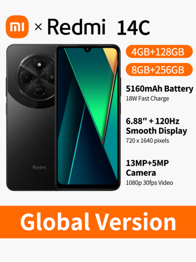 Redmi 14C Smartphone | 6GB RAM + 128GB ROM | 6.88" HD+ 90Hz Display | 13MP AI Dual Camera | 5160mAh Battery | 18W Fast Charging | 4G LTE Dual SIM | Side Fingerprint | HyperOS | Global Version