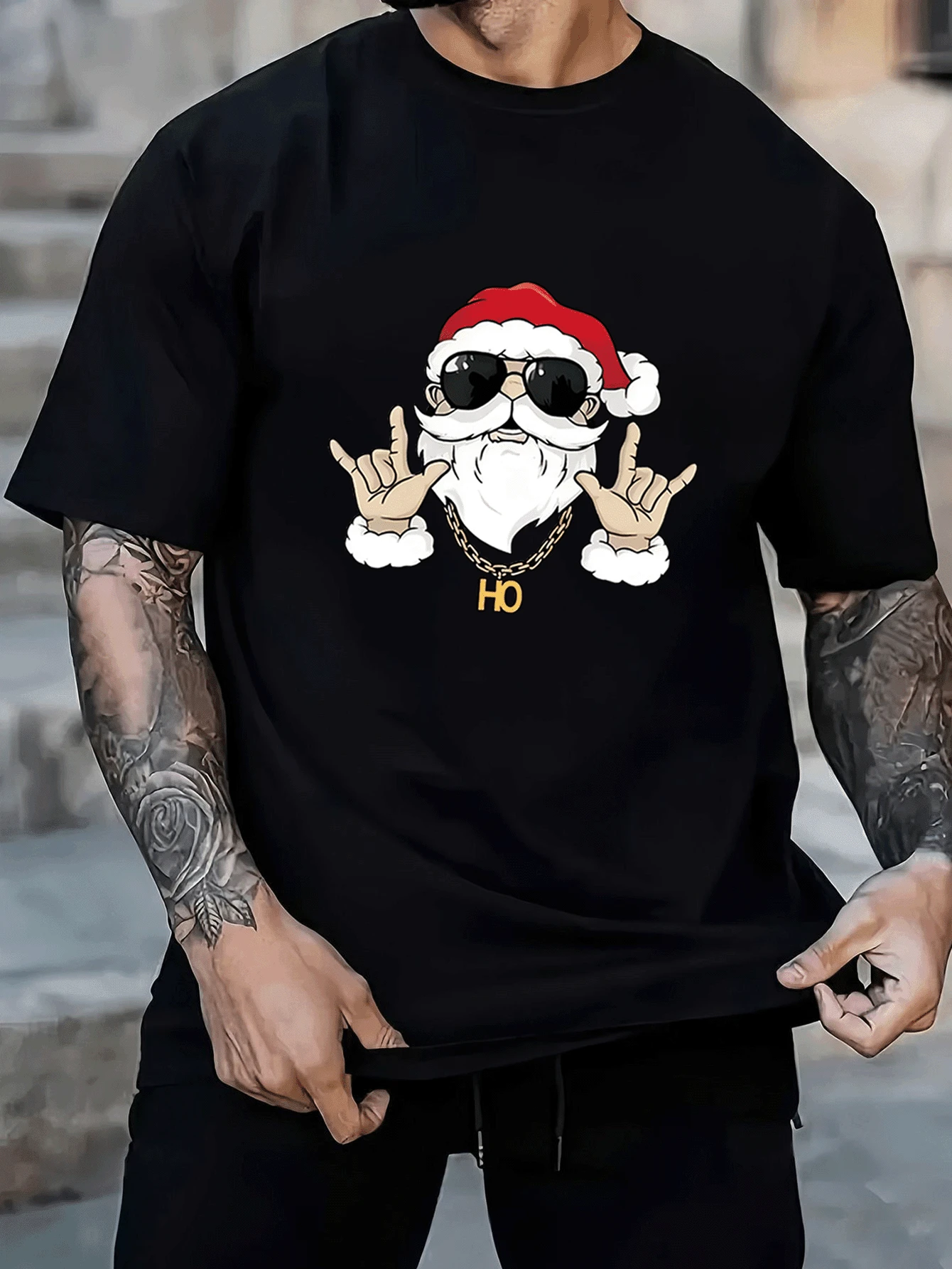 Plus Size Men's Santa Claus & Letter Print Round Neck T-Shirt, Casual Outdoor - Black - View 1