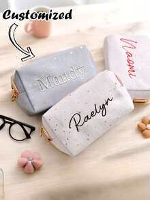 Customized Name Makeup Bag, Personalized Storage Bag, Jewelry Bag, Jewelry Bag, Personalized Embroidered Star Pattern Star Bag, Embroidered Makeup Bag, Essential Travel Bag, Customized Name Cosmetic Bag, Fluffy Embroidered Zipper Travel Bag, Cute Wallet, Toiletry Bag, Customized Makeup Bag
