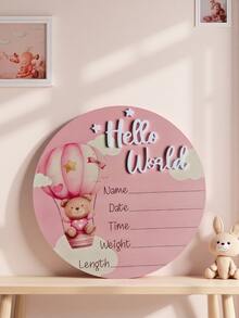 1pc "Hello World" Birth Announcement Board, Baby Photo Prop Wooden Plaque, Baby Milestone Wooden Plaque, Baby Christening Gift (Boy/Girl) - Pink - View 9