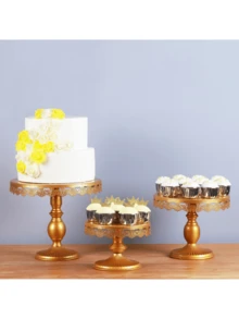 Set Of 3 Round Metal Cake Stand Set, Displaying Table For Birthday Party Cake Display Baby Shower Wedding Pastry Decor Supplies Cupcake Dessert Decoration - Vàng - Xem 4