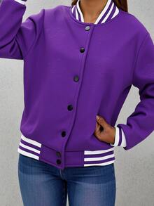 "Women's Vintage Style Baseball Jacket - Classic Color Block Ribbed Details, Multi-Color Options, Textured Pattern, Loose Fit Comfort, Versatile & Durable, Ideal for Everyday Casual and Sporty Outfits" - morado oscuro - Ver 3