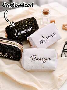 Customized Name Makeup Bag, Personalized Storage Bag, Jewelry Bag, Jewelry Bag, Personalized Embroidered Star Pattern Star Bag, Embroidered Makeup Bag, Essential Travel Bag, Customized Name Cosmetic Bag, Fluffy Embroidered Zipper Travel Bag, Cute Wallet, Toiletry Bag, Customized Makeup Bag