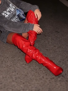 Over The Knee Boots Women Minimalist Stiletto Heeled Slouchy Boots Stretch PU Leg-Lengthening & Sexy Holiday Gift Pick Bestseller Party Wear - 紅色 - 查看 1