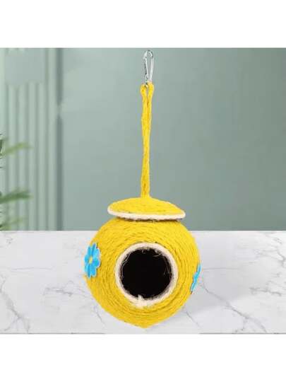 Natural Small Pet Coconut Shell Bird Nest, House, Bed, Breeding Nesting, Anti-Chew, With Warm Pad And Bell For Parrots, Cockatiel, Finches (Random Flower Decor Color)
