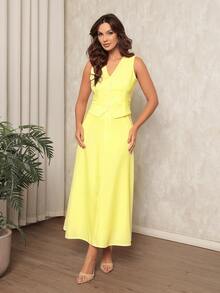 Women's Set: Vest With Faux Pocket And Buttons, And Long Twill Skirt. - 黃色 - 查看 2