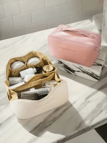 1pc Waterproof PU Leather Cosmetic Bag, Portable Toiletry Bag, Waterproof PU Skin Care Bag, Large-Capacity Double-Layer Cosmetic Bag, Spacious Toiletry Bag With Compartments, Cosmetic Travel Bag, Holiday Beach, Bathroom Collection, Bedroom Collection, Large Capacity