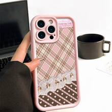 Pretty Pink Brown Plaid Lace Hearts Pattern Cute Pink Girly  Case [X/Xs/11/12/13/14/15/16 Pro/16 Promax] - Soft TPU Shockproof Cover,  Gift For Girlfriend/BFF, Birthday Present For Women, Aesthetic Protective Phone Case - Hồng - Xem 2