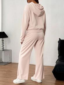 Conjunto de dos piezas de sudadera con capucha y pantalón deportivo de tela informal para mujer, con cordón ajustable y hombros caídos, elasticidad media. - Caqui 1 - Ver 2