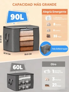 Juego de 4 Bolsas  Gris de Almacenamiento Grandes de 90L ,Organizadores Plegables para Ropa, Mantas y Edredones,Cajas de Tela Gruesa con Asas Reforzadas,Contenedores de Armario Transpirables y Resistentes,Ideal para Dormitorio, Hogar o Mudanza - Gris - Ver 3