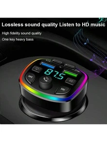 Cargador inalámbrico para automóvil Nuokaiqi con transmisor FM, soporte para unidad USB, carga rápida Dual USB y Tipo-C, manos libres, material ABS, universal para teléfonos inteligentes, accesorios electrónicos para automóviles, sin batería - Negro - Ver 2