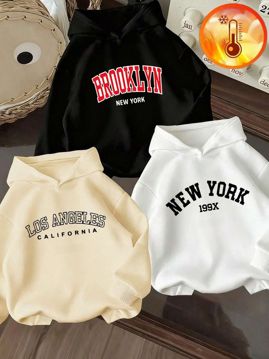 3 Peças Conjunto de Moletons Térmicos com Estampa de Texto Nova York, Brooklyn e Los Angeles para Meninos Pré-Adolescentes, Quente e Confortável para Outono/Inverno - Damasco - Visão 1