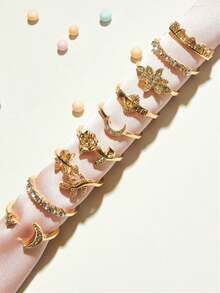 9 件水钻装饰月亮戒指，时尚设计适合日常佩戴和送礼 - 金黃色 - 查看 5