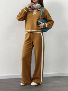 Conjunto de Suéter de Moda para Mujer - Top de Manga Larga y Pantalones Anchos - Variedad de Colores - Cálido y Cómodo - Ideal para el Otoño e Invierno - Camello 1 - Ver 3