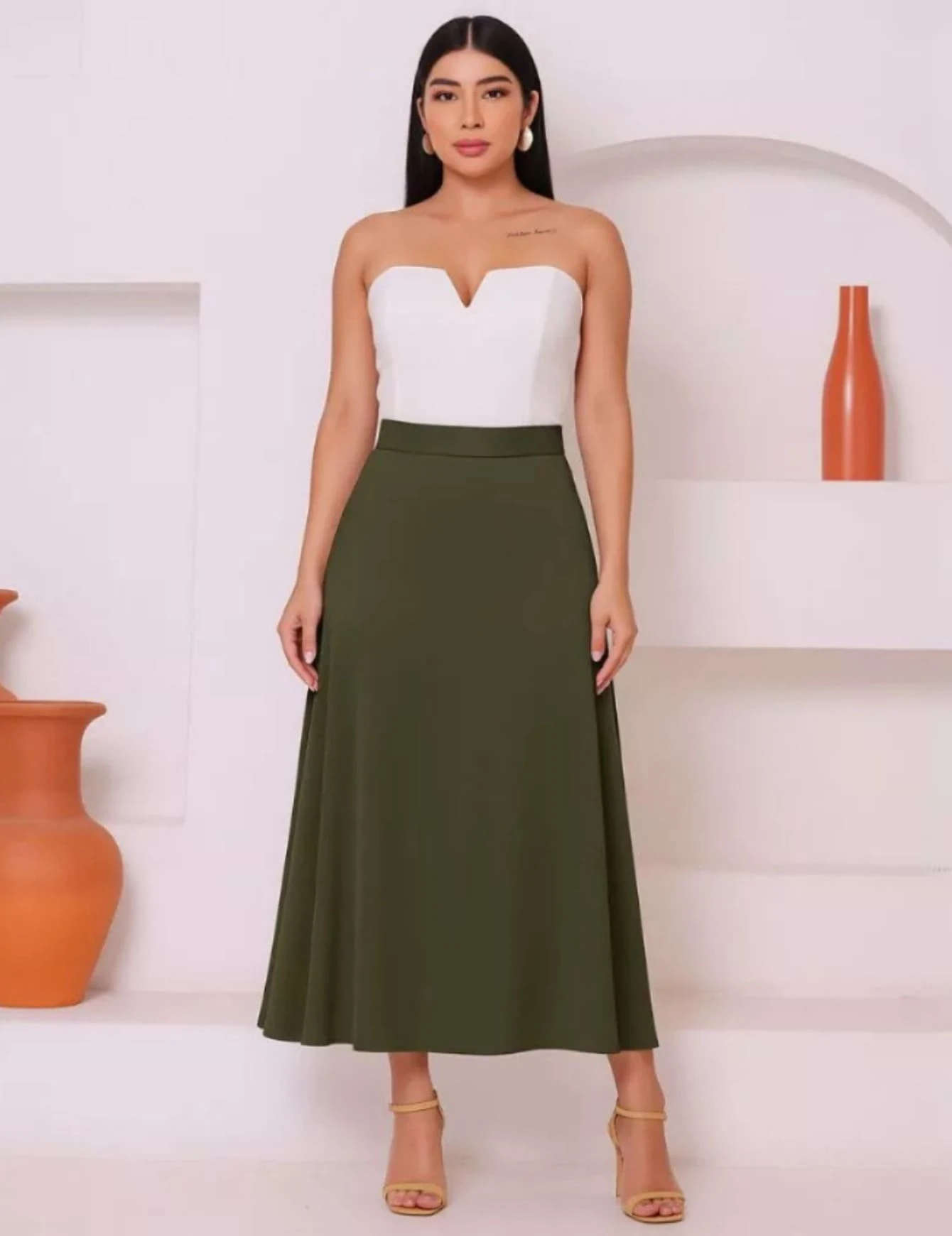 Women's Long Satin Tailored Midi Skirt, High Waist, Elegant, Evangelical (Foreign Style) - 綠色 - 查看 1