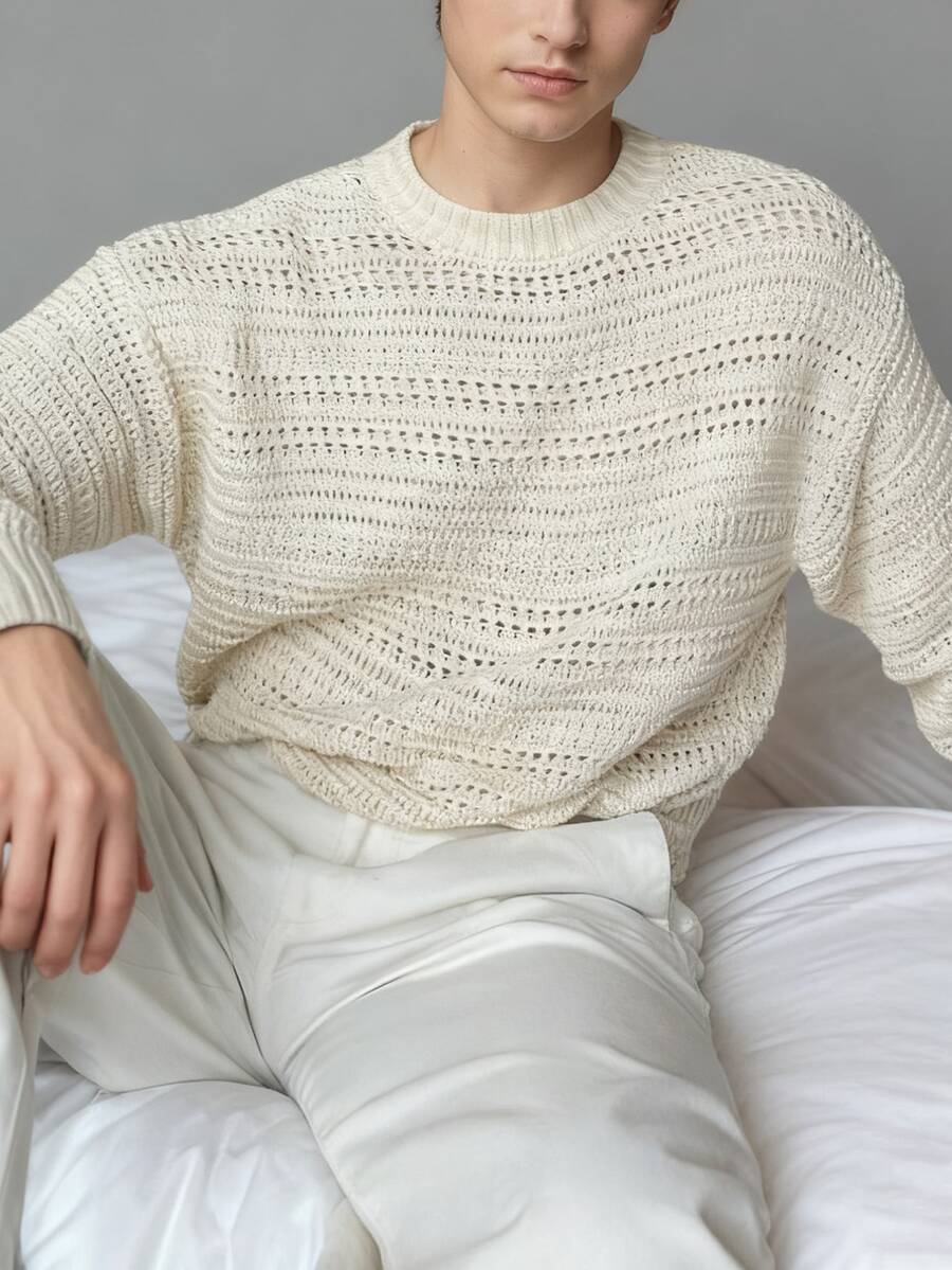 Men's Beige Hollow-Out Knitted Crew Neck Sweater - Casual Loose Long Sleeve Pullover For Spring/Summer Fashion