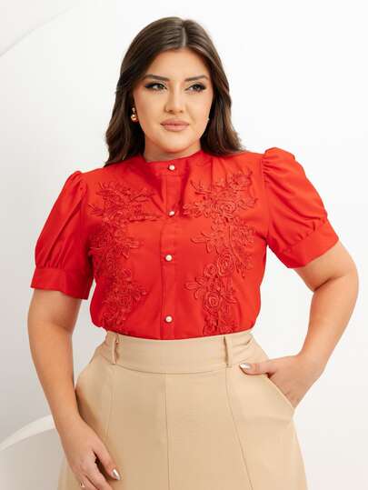 Blusa Social Feminina Manga Curta Botões Cental Detalhes Renda Ideal Para Ano Novo