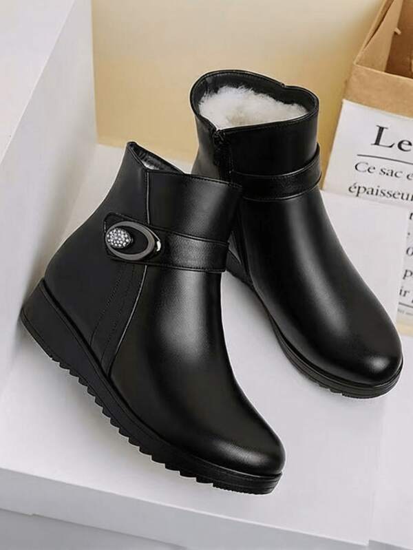 بوت قصيرة مبطنة للخريف/الشتاء، بوت أم مانعة للانزلاق، بوت سوداء دافئة ذات كعب منخفض حتى منتصف الساق، بوت موضة