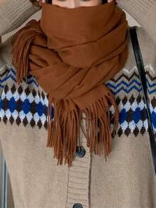 1 Khăn choàng cổ Cashmere tua rua màu trơn cho nữ, khăn choàng cổ dày ấm áp đa năng cho mùa thu/đông để mặc váy - rỉ sét - Xem 4