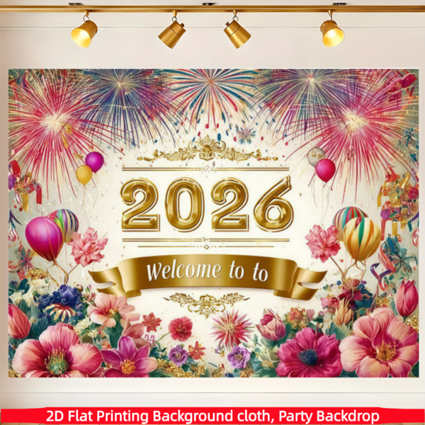 1 Stück, 2D flach, eleganter 2026 Neujahrs Blumen Party Hintergrund, Polyestermaterial, Feuerwerk, Luftballons, Blumen, geeignet für Wohnzimmer, Schlafzimmer, Büro und Outdoor Dekoration, ideale Wahl für Party und Feiertags Geschenke, Neujahrs Party Zubehör, verschiedene Größenoptionen