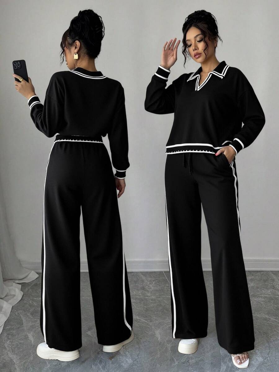 Conjunto de Suéter de Moda para Mujer - Top de Manga Larga y Pantalones Anchos - Variedad de Colores - Cálido y Cómodo - Ideal para el Otoño e Invierno - Negro 1 - Ver 1
