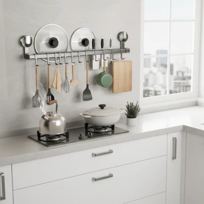 キッチンツールフック 吸盤 強力 アルミニウム キッチンラック グレイ 台所 収納 軽量 台所ラック 可動式フック 強い収納力 軽量 穴あけ不要 強い収納力 穴あけ不要 防水 防錆 防油