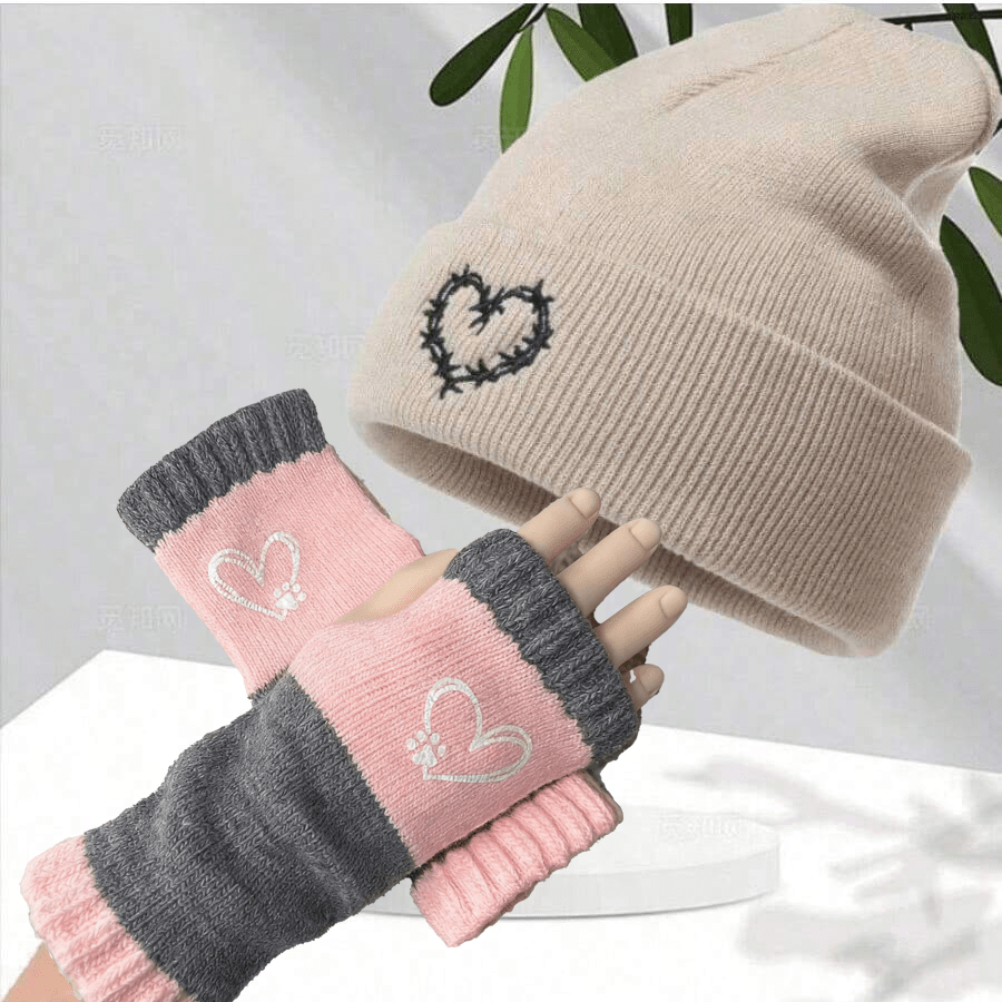 1 Set Vintage Street Style Embroidered Knit Beanie + Colorblock Half Finger Gloves, Autumn/Winter Warm Accessories