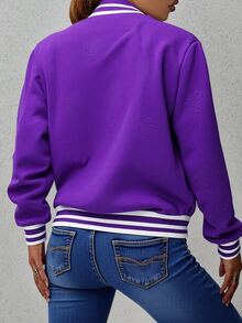 "Women's Vintage Style Baseball Jacket - Classic Color Block Ribbed Details, Multi-Color Options, Textured Pattern, Loose Fit Comfort, Versatile & Durable, Ideal for Everyday Casual and Sporty Outfits" - morado oscuro - Ver 2