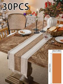1pc Vintage Christmas Style Cream Woven Textured Tassel Rectangular Table Runner, Christmas Decor Table Decoration For Home - Multicolor - View 21