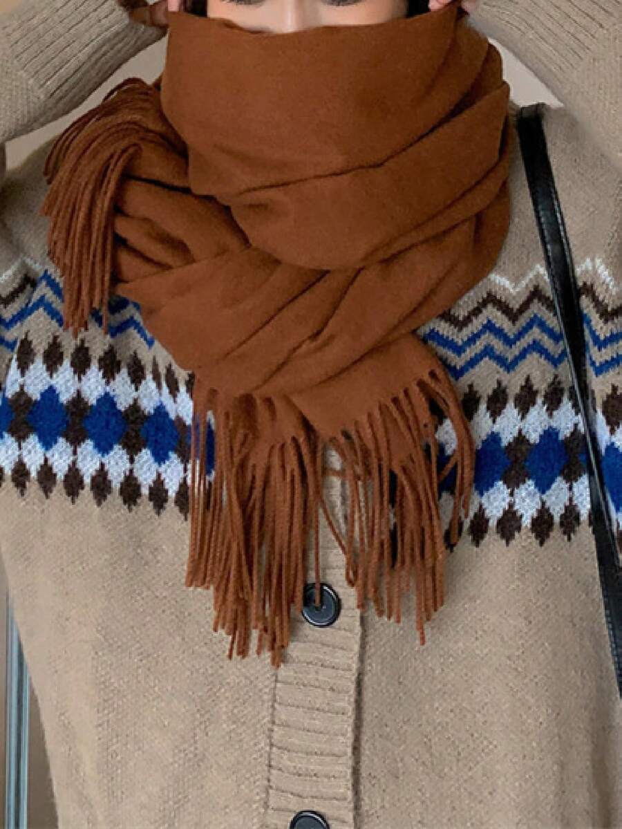 1 Khăn choàng cổ Cashmere tua rua màu trơn cho nữ, khăn choàng cổ dày ấm áp đa năng cho mùa thu/đông để mặc váy - rỉ sét - Xem 1