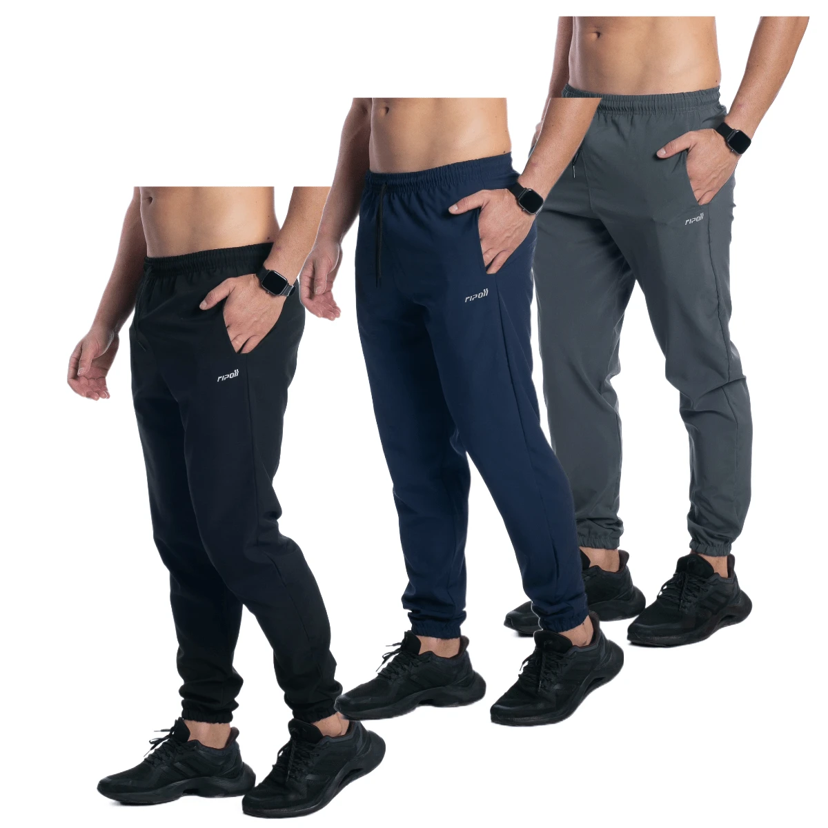 Ripoll Kit Of 3 Men's Windbreaker Tactel Elastane Jogger Pants For Training, Gym, And Sports - 黑色/鉛色/海軍藍 - 查看 1