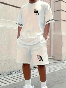 LA Los Angeles Bold Print Streetwear Set: 100% Cotton T-Shirt + Tactel Shorts - 全套(T卹+短褲) - 查看 1